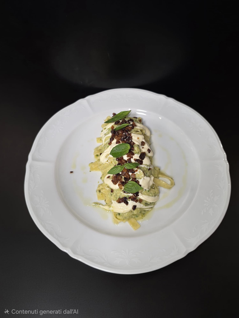 TAGLIOLINO ALL'UOVO,CREMA DI ZUCCHINE, GUANCIALE CROCCANTE E FONDUTA AL PARMIGIANO