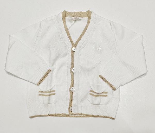 Cardigan bianco in filo con profilo beige e taschini taglio vivo LE BEBè