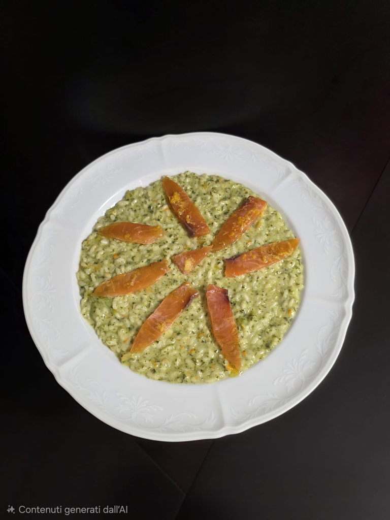 RISOTTO AL PREZZEMOLO, FIORI DI ZUCCHINA E CARPACCIO DI SALMONE MARINATO AGLI AGRUMI