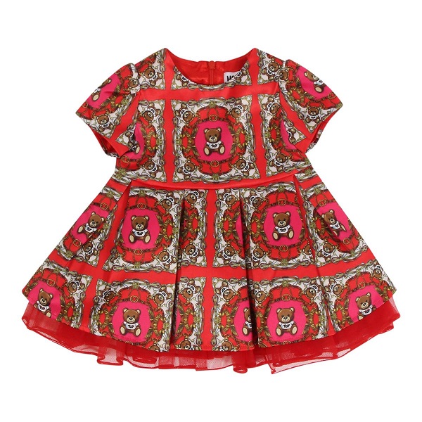 Vestito elegante a campana con manica corta e multi stampe orsetto, balza in tulle sul fondo MOSCHINO