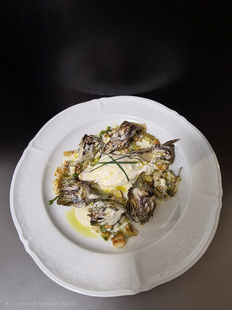CARCIOFI GRIGLIATI,SALSA BEURRE BLANC, PANE CONDITO, UOVO CROCCANTE