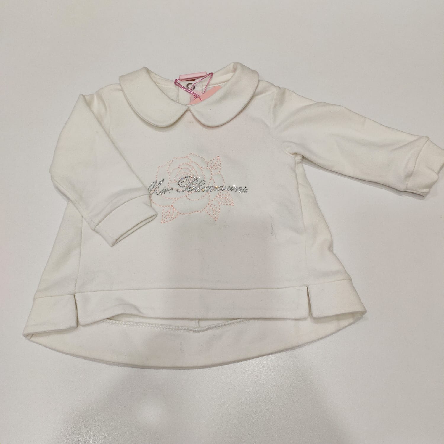 Felpa svasata con stampa rosa e logo in strass MISS BLUMARINE 