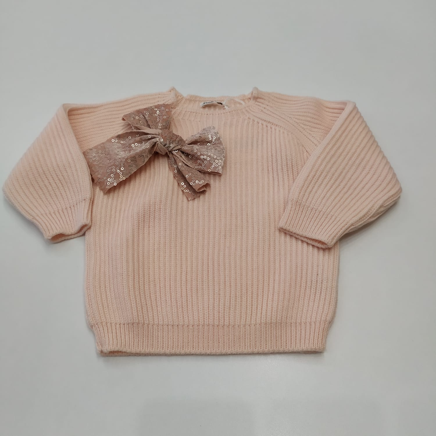 Maglione girocollo in pura lana con applicazione fiocco con paillettes LITTLE BEAR