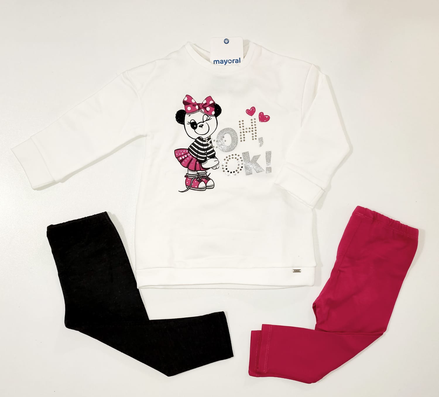 Completo 3pz con felpa stampa orsetto con vestito +  leggins rosa e grigio MAYORAL