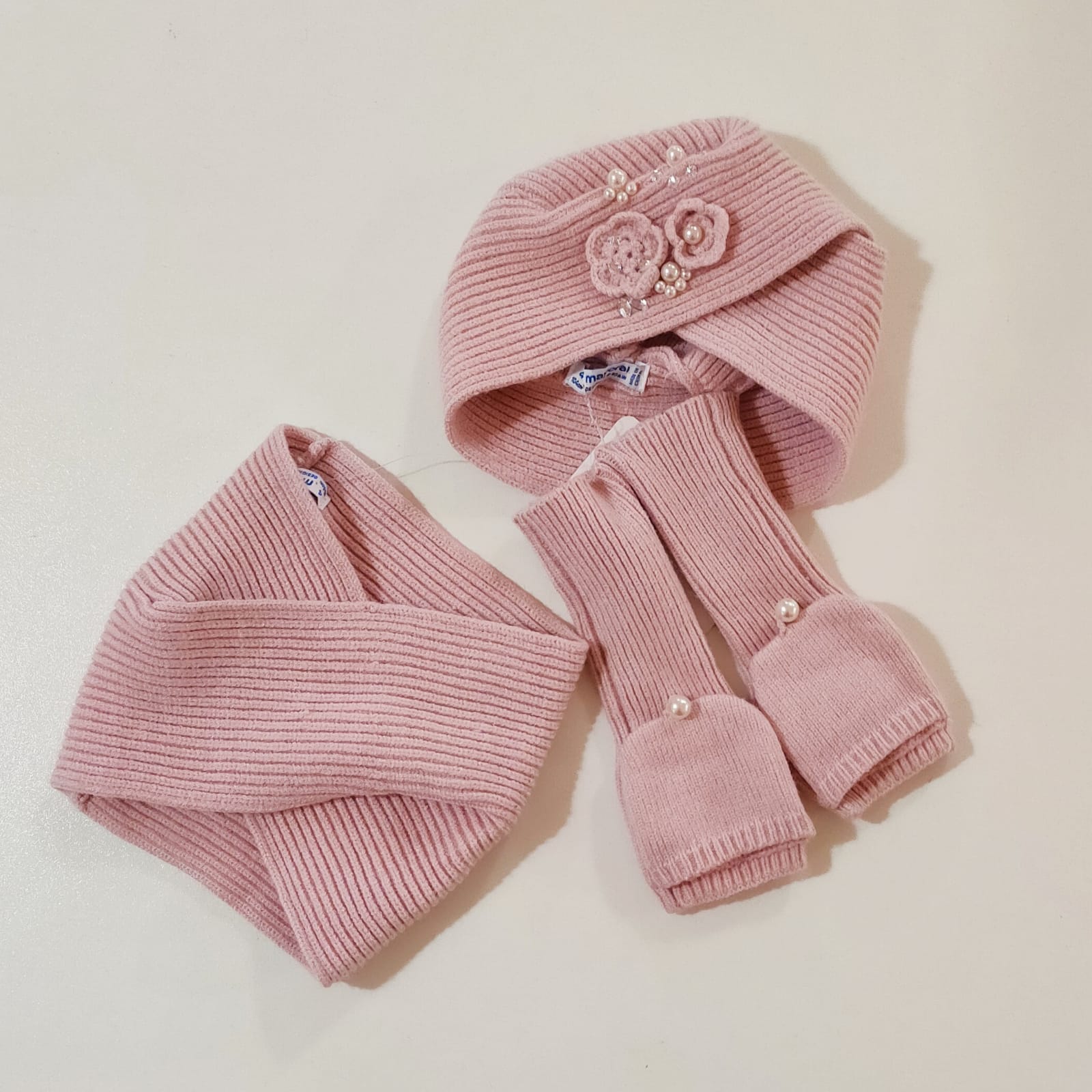 Completo 3pz cappello a turbante con applicazioni + collo + manopole MAYORAL