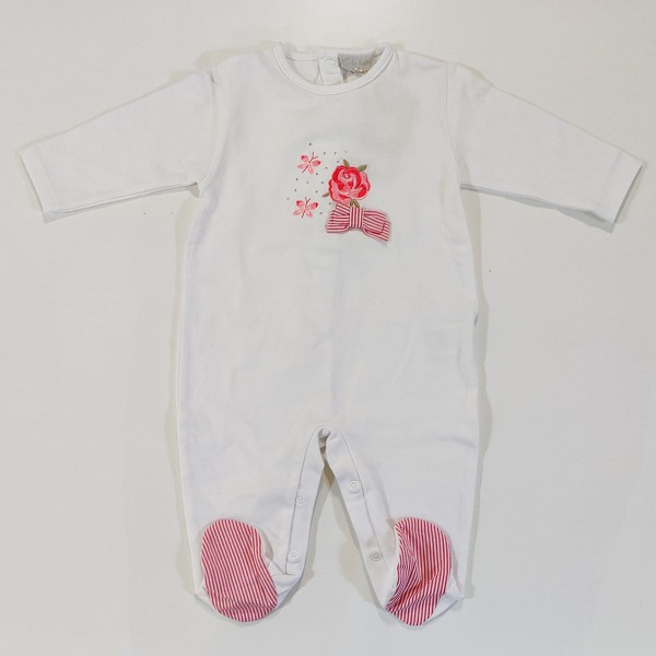 Tutina bianca con ricamo rosa e farfalle, applicazione fiocco e strass ELE-BABY