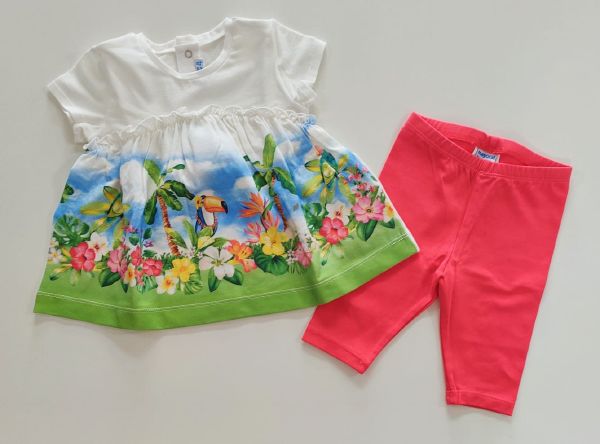 Completo 2pz blusa stampa paesaggio tropicale con tucano + leggings fucsia MAYORAL