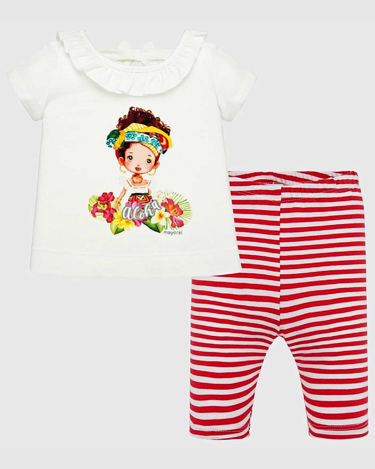 Completo 2pz t-shirt con collo a volant e stampa ragazza hawaiana + leggings a righe MAYORAL