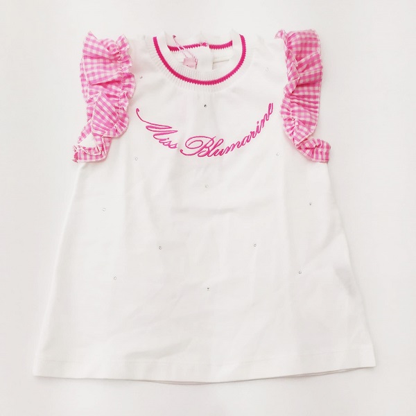 T-shirt manica con volant a quadretti, logo e strass sul davanti MISS BLUMARINE 