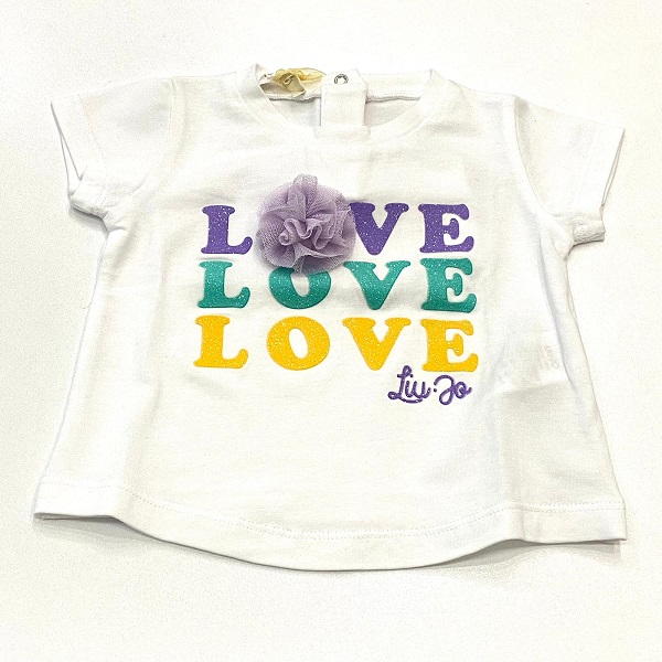 T-shirt con scritta 'love' glitterata e applicazione fiore in velo LIU JO 