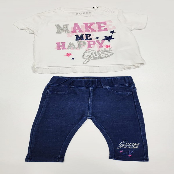 Completo 2pz ,t-shirt con stampe colorate e glitterate ,tessuto plissettato sul retro e leggings effetto jeans GUESS