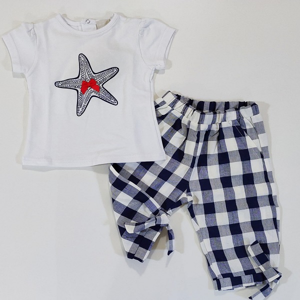 Completo 2pz,  t-shirt con stampa stella marina e pantalone fantasia quadri con fiocchetti su caviglia LALALU'