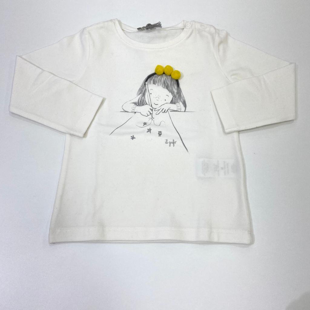 T-shirt stampa bimba con matita e applicazione pon pon IL GUFO 