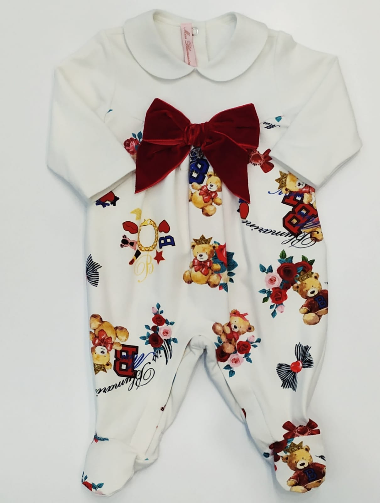 Tutina con stampa orsetti e fiocco applicato in velluto MISS BLUMARINE