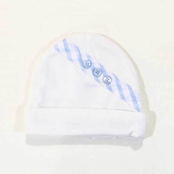 Cappellino in jersey bianco con bordo a righe bianco e celeste e bottoncini TETO E TATTA