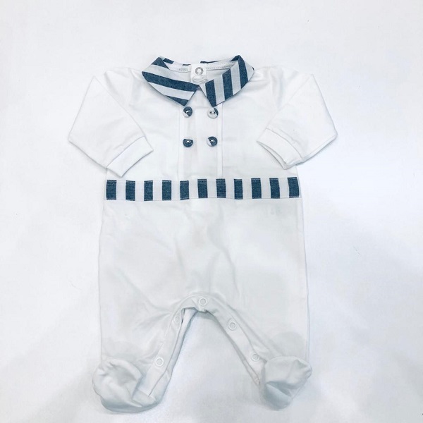 Tutina in jersey bianca con colletto fascia e bottoncini a righe bianco e rosso TETO E TATTA
