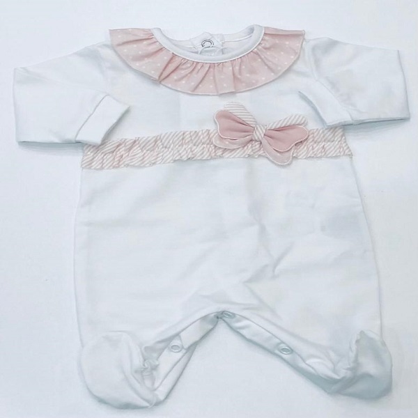 Tutina in jersey bianca con colletto e rouches in vita multifantasia rosa e fiocchetto TETO E TATTA