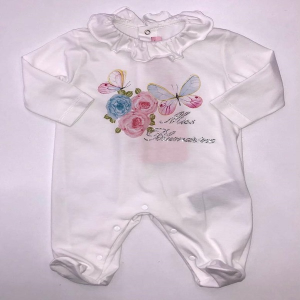 Tutina bianca con colletto  stampa fiori e farfalle logata con strass MISS BLUMARINE