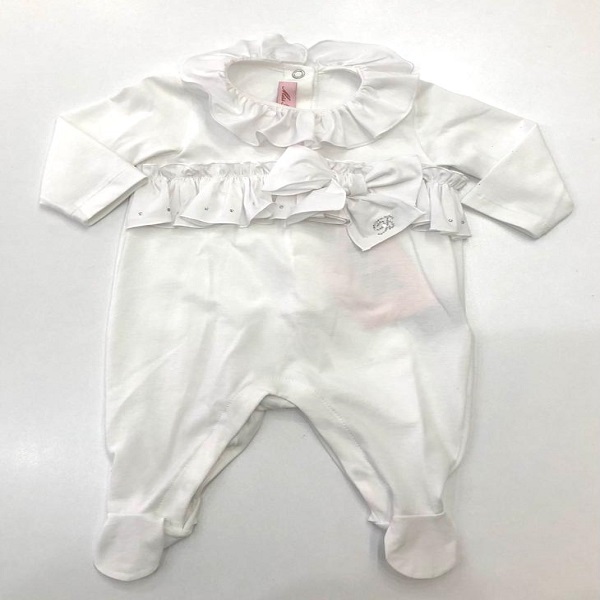 Tutina in jersey bianco con colletto e rouches con strass e fiocco logato MISS BLUMARINE
