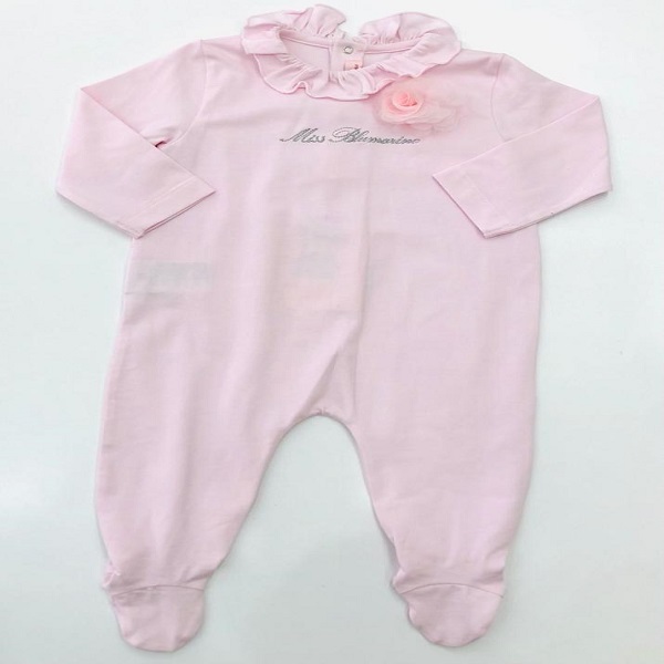 Tutina in jersey rosa con applicazione fiore in tulle rosa e logo ricamato argento MISS BLUMARINE