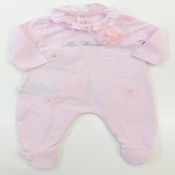 Tutina in jersey rosa con colletto rouches fiori in tulle strass e logo ricamato MISS BLUMARINE
