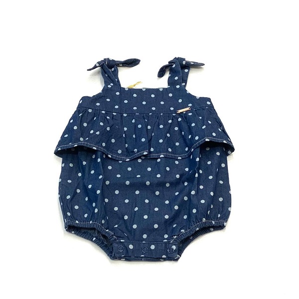Pagliaccetto denim a pois bianchi con balza e bretelle con nodo LIU JO