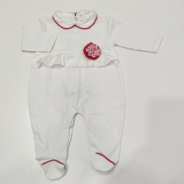 Tutina bianca  con profili rossi  volant e fiore rosso applicato NINNAOH