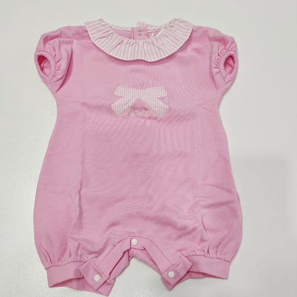 Tutina rosa con fiocco e colletto rigato bianco e rosa LE BEBè