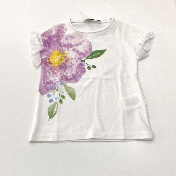 T-shirt con ruches in velo su manica, stampa fiore con paillette ELSY