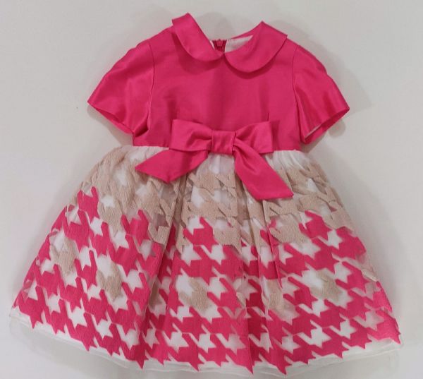 Abito fantasia pied de poulle ricamata bianca e celeste o beige e fucsia  COLORICHIARI