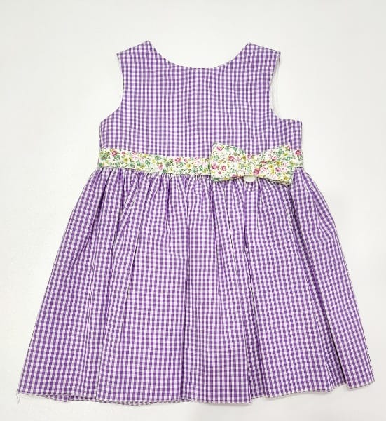 Vestito vichy viola e bianco con fascia e fiocco in vita a fiori LE BEBè 