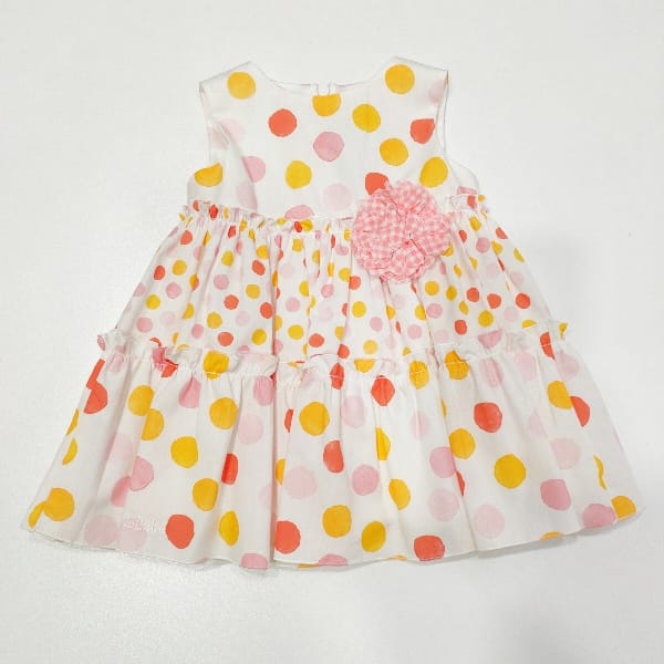 Vestito 3 balze bianco a pois colorati con fiore tessuto vichy applicato LE BEBè