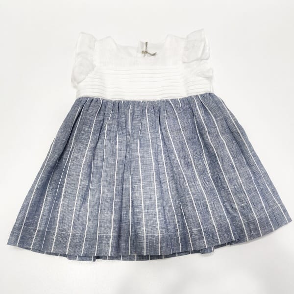 Vestito in lino parte superiore bianca con piccole pieghe parte inferiore blu a strisce bianche IL GUFO 