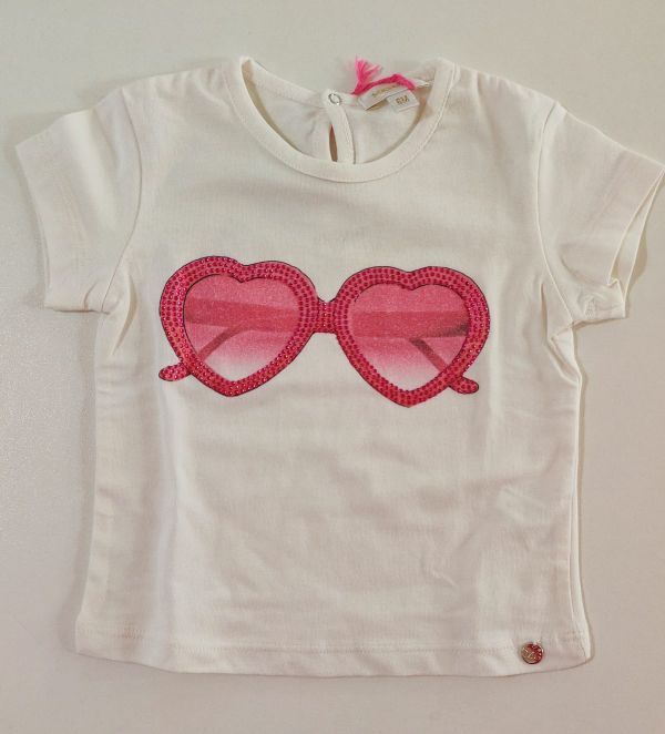 T-shirt bianca con stampa occhiali da sole strass rosa MICROBE 