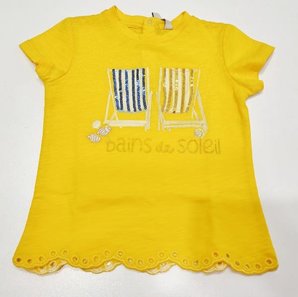 T-shirt con stampe sdraio mare,scritta laminata e ricamo conchiglie,taglio fondo ad onda con ricamo traforato BIRBA