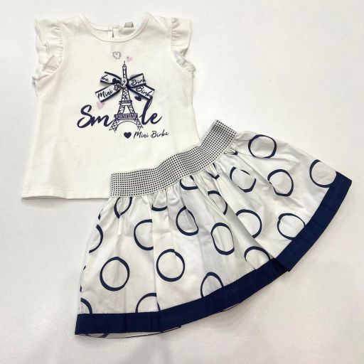Completo 2pz:t-shirt con volant su giromanica,stampa torre Eiffel e applicazione fiocco sul davanti,gonna a fantasia cerchi in contrasto ed elastico in vita a pois BIRBA