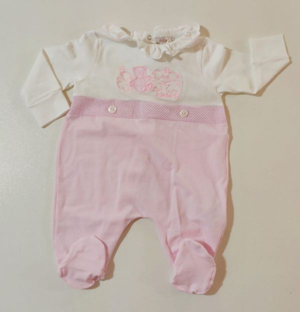 Tutina bicolore con ricamo logo sul davanti e ruches su girocollo LE BEBE'