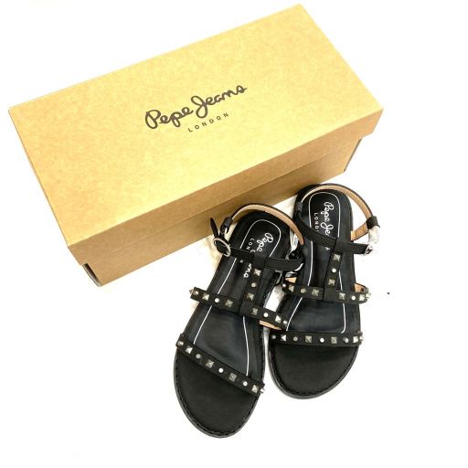 Sandalo in pelle con applicazione borchie su fascette anteriori e chiusura con fibia laterale PEPE JEANS